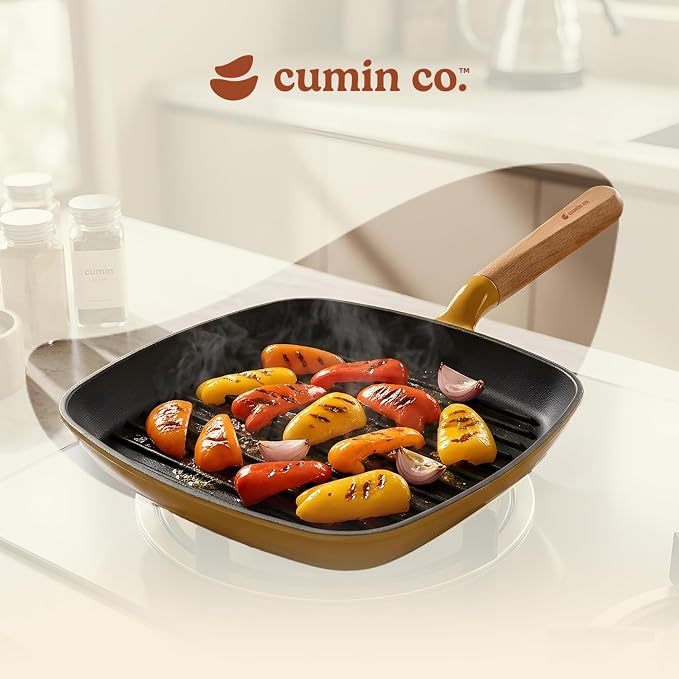 CUMIN CO. Enameled Cast Iron Grill Pan 10 Inch, 1.2 QT Grill Skillet – Non Toxic PFAS Free Cookware – 4 Layer Enamel Coated – Indoor Grill Pan for Steak, Chicken, Burgers & Vegetables (Mustard)