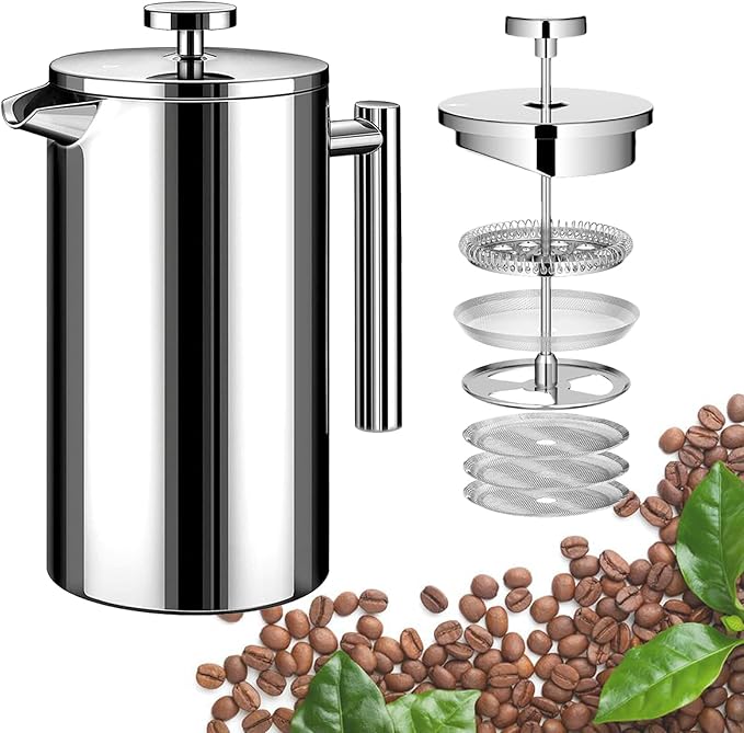 Small French Press Coffee Maker 1 Cup - 12oz/350ml Single Cup Metal French Press(1 Cup), Stainless Steel Double Wall Insulated Coffee & Tea Maker w/ 3 Extra Screens + 1 Spoon (Silver), Dishwasher Safe