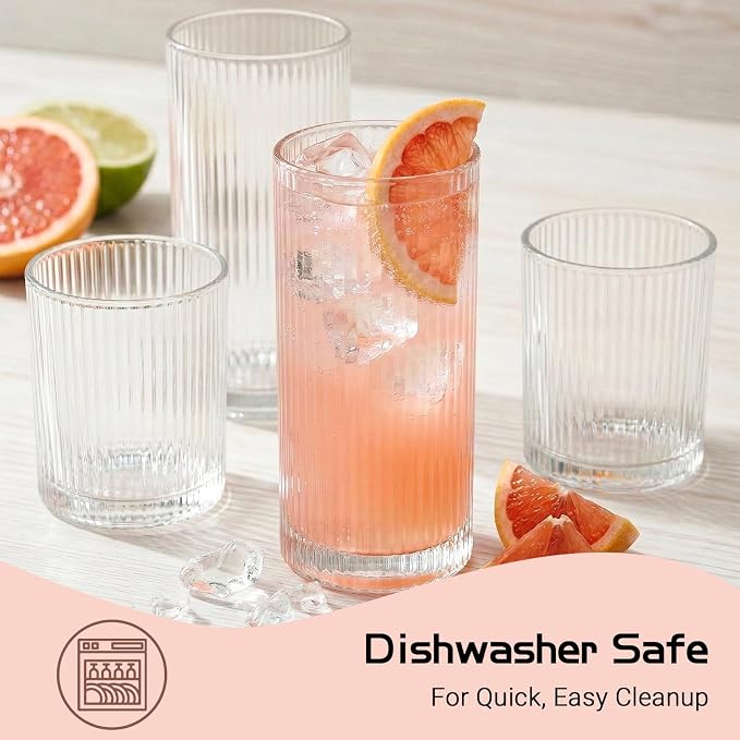 JOVGANK Drinking Glasses Set of 8 – Lead-Free Crystal Glassware, 4 Tall 15oz & 4 Short 10oz Vintage Ribbed Tumbler Glasses, Dishwasher Safe, for Juice Beer Cocktails, Great Housewarming Gift, Set A
