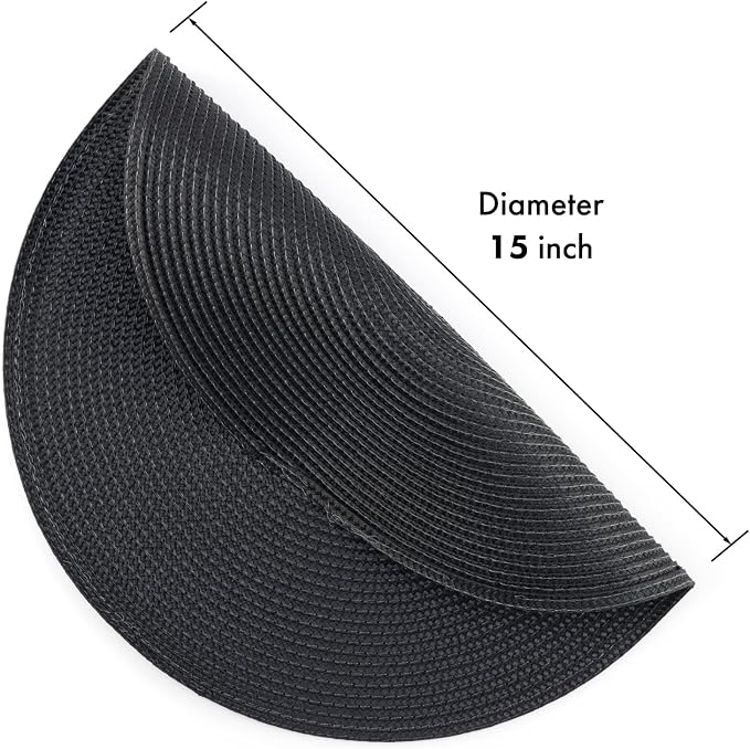 Winknowl Round Braided Placemats Set of 8 Washable Woven Heat Resistant Table Mats for Kitchen Dining Tables 15 inch Round Place Mats (Black,8pcs)
