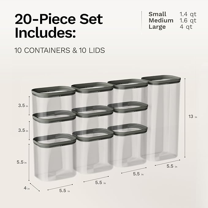 Naked Kitchen 20-Piece Food Storage Containers with Lids – Stackable BPA-Free Borosilicate Glass Pantry Storage Containers with Leak-Resistant Airtight Seal for Kitchen & Pantry Organization – Cream