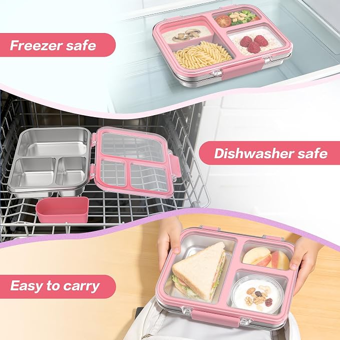 Stainless Steel Bento Box for Kids, 3-Compartment Metal Lunch Box with Clear Lid & Removable Silicone, Lunch Box Kids with Silicone Inner Container for Meal Prep, School, Office (Pink)