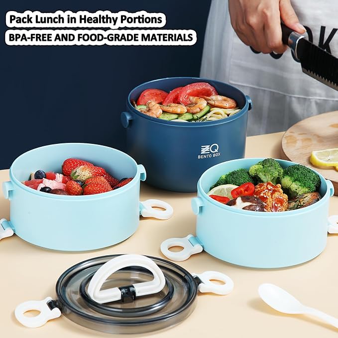 3-Tier Stackable Lunch Box Adult Bento Box Set with Thermo Bag, Utensils | 81oz Large Capacity Lunch Containers, BPA-Free, Leak-Proof, Microwave & Dishwasher Safe Bento Box for Work, School, Blue