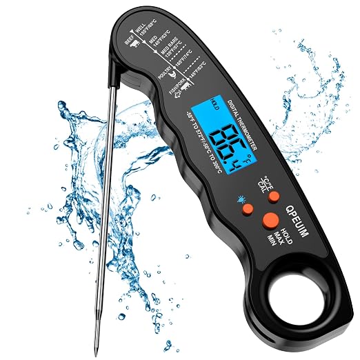 QPEUIM Meat Thermometer Digital Black | Instant Read Food Thermometer, Waterproof, Backlight, For Grilling, Cooking, BBQ, Deep Fry, Turkey, Candy