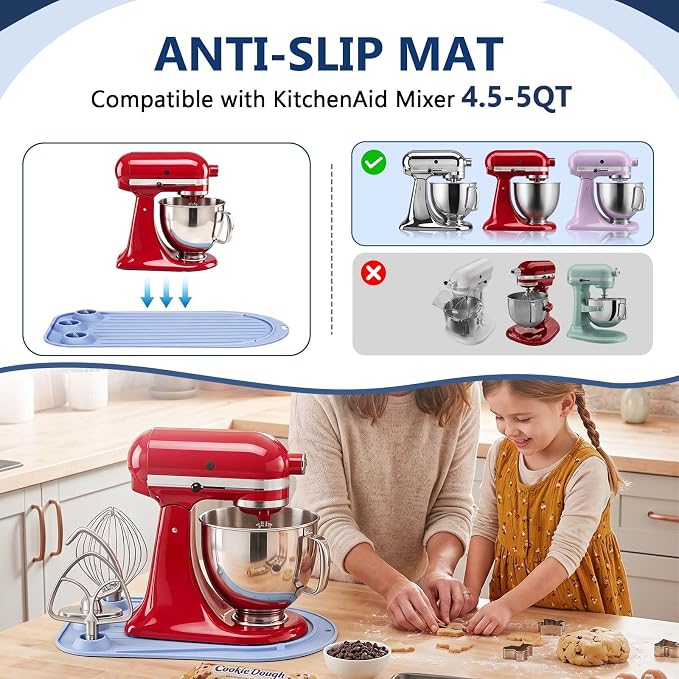 Upgraded Mixer Slider Mat for KitchenAid 4.5-5 Qt Tilt-Head Stand Mixer | Silicone Countertop Mover with 3 Attachment Storage Slots, Non-Slip Mixer Pad Organizer for Dough Hook Whisk Flat Beater