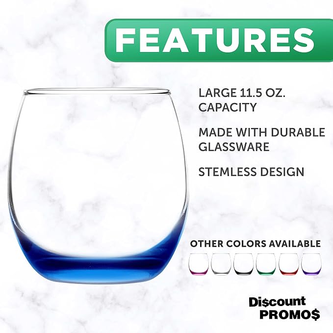 DISCOUNT PROMOS Mikonos Stemless Wine Glasses 11.5 oz. Set of 10, Bulk Pack - Restaurant Glassware, Perfect for Red Wine, White Wine, Cocktails - Blue Bottom Color