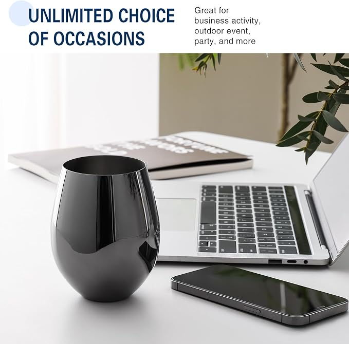 WOTOR Black Stemless Wine Glasses, 18oz, Stainless Steel, Set of 4 | Unbreakable, Metal, Outdoor Events, Ideal Gift