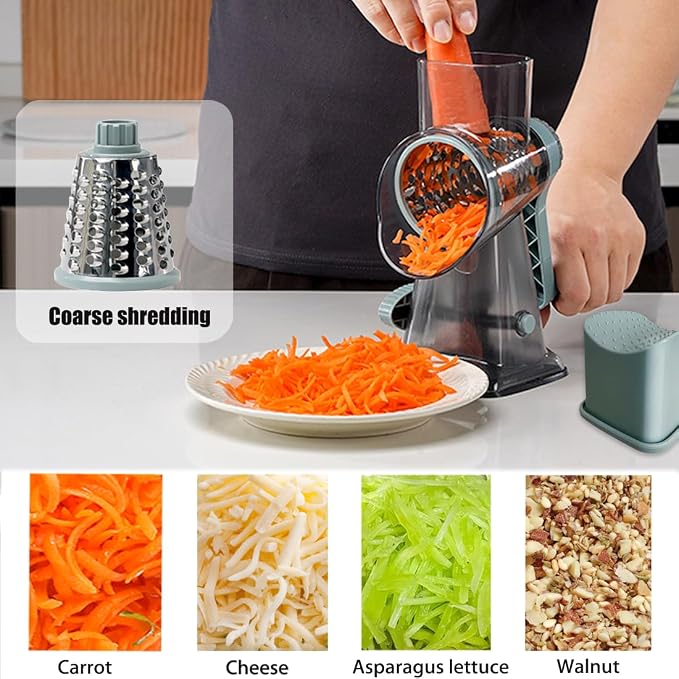 Hand Crank Rotary Cheese Grater Veggie Slicer Carrot Shredder | With 3 interchangable sharpe drum blades, strong sunction base, shred block of cheese in seconds, safe and efficient