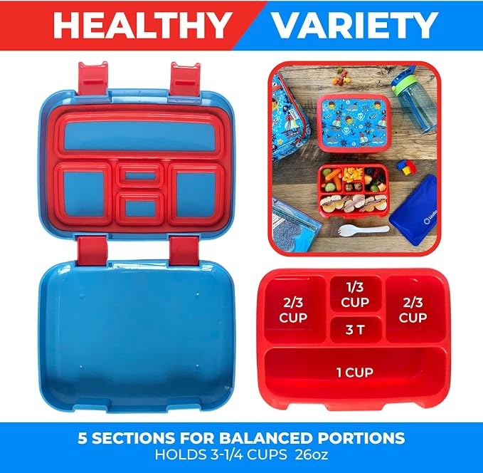kinsho Kids Bento Lunch Box, Water Bottle, Ice Pack & Bag Set, Blue Pirates | 5 Leakproof Portion Compartments, BPA-Free Removable Tray, Insulated Meal, Snack Container for Toddlers, Pre-School & Daycare
