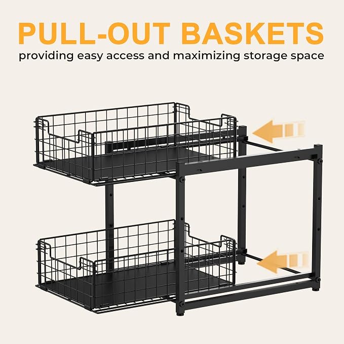 Under Sink Organizer, 2-Tier Pull Out Cabinet Organizer, Kitchen Bathroom Organizer and Storage, Spice Rack for Kitchen, Multi-use Sliding Drawers Shelves, Pack of 2