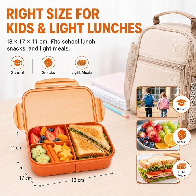 MISS BIG® Bento Lunch Box for Kids, 1150ml, 3 Compartments, Coral Orange | Coral orange 1150ml kids bento box for school lunch, daycare meals, snacks, picnic, and travel.