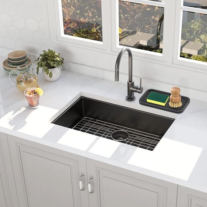 Kitchen Sink Organizer Tray,Sponge Holder for Kitchen Sink Bathroom（Black） | Counter Tray Sponge Caddy Silicone Soap Holder for Soap Dispenser, Bottle, Dishwashing Accessories(2-Pack)