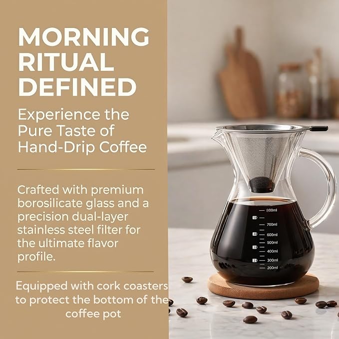 Pour Over Coffee Maker Set with Reusable Stainless Filter 27 fl oz, Heat-Resistant Borosilicate Glass Paperless Pour Over Coffee Dripper with coaster for Home Daily coffee