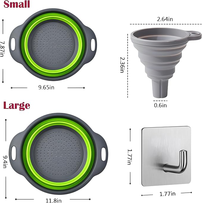 UVB Collapsible Colander Set, Foldable Kitchen Strainer for Pasta, Vegetables & Fruit, Complete Kitchen Set with 2 Stainless Steel Hooks & 2 Silicone Funnels – Green