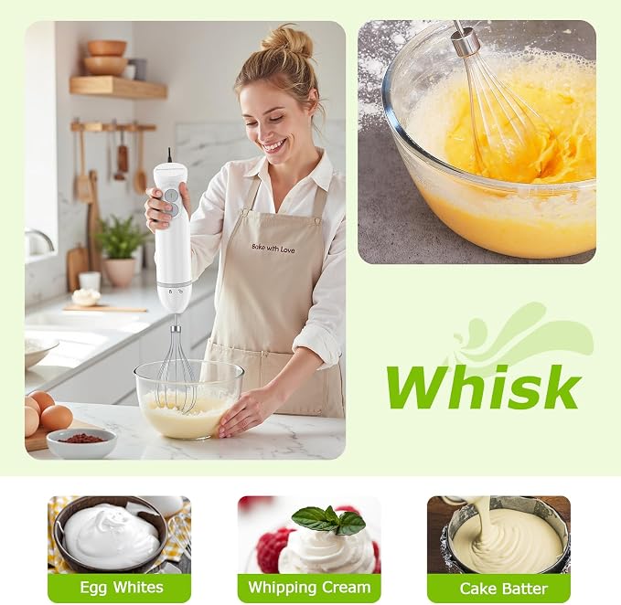 Bonsenkitchen Hand Blender,4-In-1 Emulsion Handheld with 2 Mixing Speeds | Egg Whisk, 24oz Beaker & Chopper Bowl, Immersion Blender for Baby Food,Smoothies, Soups & Sauces