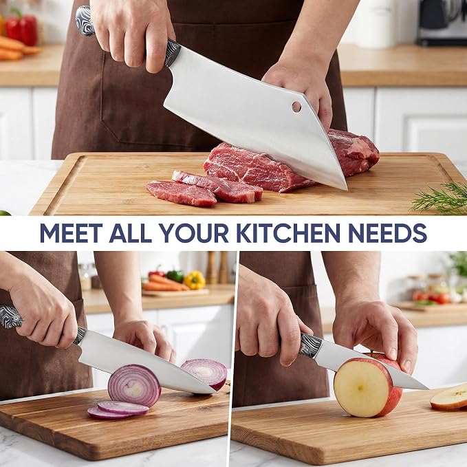 Topfeel 3-Piece Kitchen Knife Set, 5Cr15MoV High Carbon Stainless Steel | Includes 8-inch chef knife, 8-inch meat cleaver and 5-inch utility knife with full-tang acrylic handles and gift box