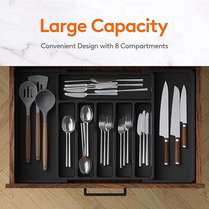 Lifewit Extra Large Silverware Drawer Organizer, Expandable Utensil Tray for Kitchen, BPA Free Flatware and Cutlery Holder, Adjustable Plastic Storage for Spoons Forks Knives, 13-22 x 15, Black