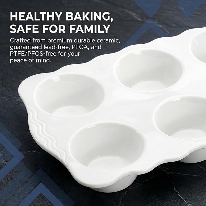 Hiceeden 2 Pack Ceramic Muffin Pans, 6 Cups Non-stick Muffin Tin Cupcake Baking Pans with Handles for Muffin Cakes, Egg Tarts, Mousse, Pot Pie, Jelly