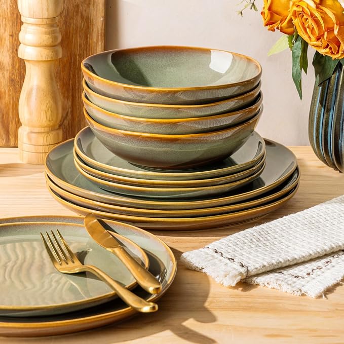 Ceramic Dinnerware Set for 4, 12-Piece Plates and Bowls Set | Handmade Reactive Glaze Dish Set, Scratch Resistant, Oven & Microwave & Dishwasher Safe, Sage Umber