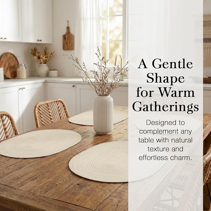 Placemats Set of 6, Woven Oval Braided Dining Table Mats(Cream White) | 12 x 17.5 Inch Size Fits Plates and Flatware; Hand Washable and Heat Resistant for Kitchen Use, with Farmhouse and Boho Style