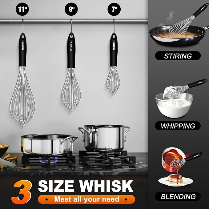 Stainless Steel Wire Whisk Set - 3 Packs Balloon Whisk, Thick Wire Wisk ＆ Strong Handles, Egg Frother for Cooking, Blending, Whisking, Beating and Stirring (7"+9"+11")