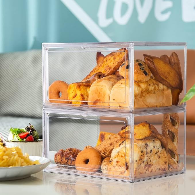 2pcs Large Bread Box Kitchen Countertop upgraded - Large Capacity Transparent Bread Rack Storage Box， 20 Sheets of Greaseproof paper-Stackable Double-Layer Bread Pantry Storage Container
