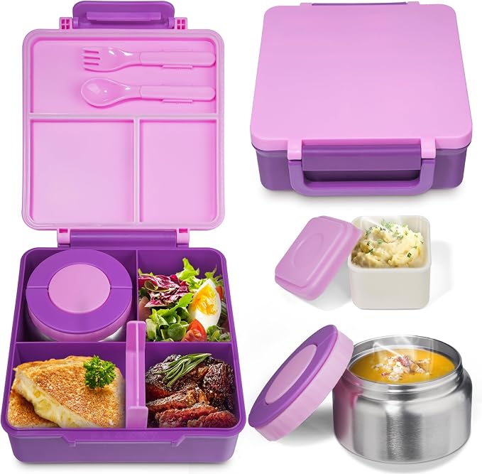 SOHIDA Bento Box with 10oz Soup Thermo: Kids Leakproof Lunch Box with 3 Compartments - Dishwasher Safe and BPA-Free - Vacuum Insulated Food Jar Suitable for Kids Back to School, Travel - Purple