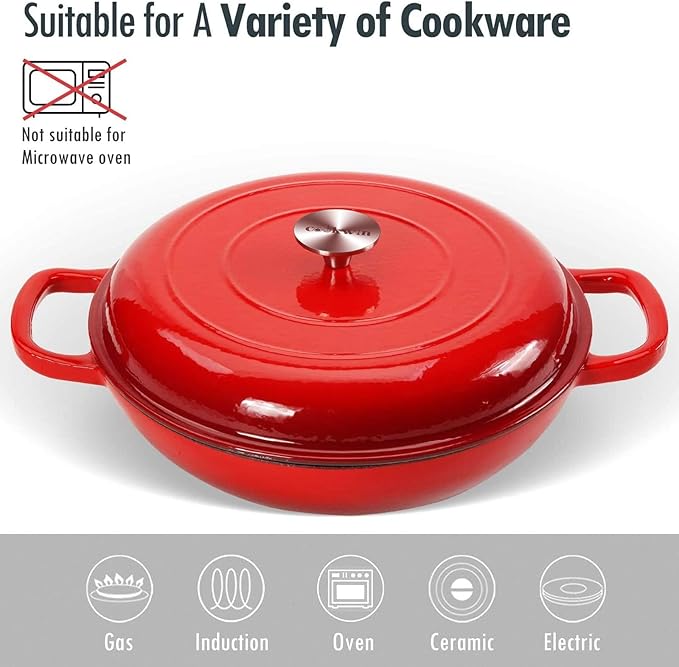 Cast Iron Casserole Braiser, 3.8 Quart Enameled Cast Iron Dutch Oven Pan with Lid, Heavy Duty and Dual Handles Skillet, Oven-Safe Porcelain Surface Casserole Dish, Red