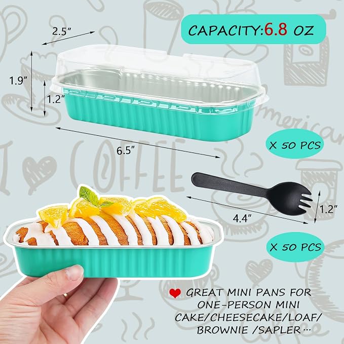 LNYZQUS Mini Loaf Cake Pans with Lids 50 Pack, 6.8oz Foil Baking Tins | Rectangle, Blue, Disposable Aluminum Dessert Cups, Individual Take-out Containers for Take Home Treats