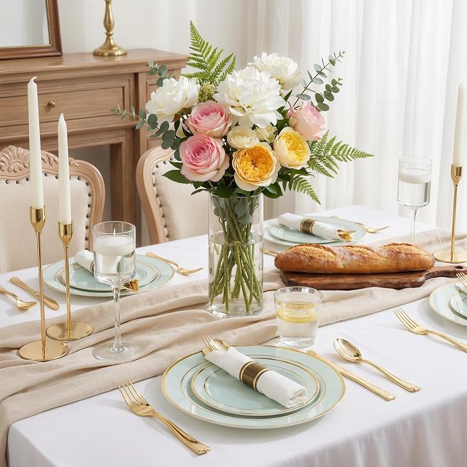 175PCS Sage Green Plastic Plates - Heavy Duty Green Plates Disposable - 25Guests Plastic Dinnerware with Rolled Napkins for Birthday/Baby Shower