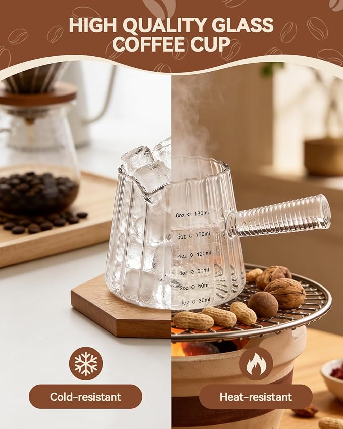 2 PCS Espresso Measuring Cup 6 Oz, Espresso Glass Cups with Glass Handle, Milk Frothing Cup, Espresso Cup for Coffee, Milk, Tea or Maple Syrup Serving (Pure Transparent Color)