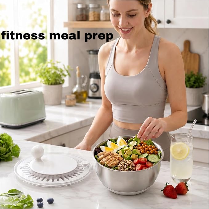 Salad Spinner Dishwasher Safe Stainless Steel Salad Spinner, 5.3 Qt Vegetable Washer, Lettuce Spinner with Non-Slip Base and Stop Button, Transparent Lid & Drainage Hole
