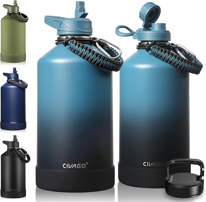 CIVAGO Gallon Insulated Stainless Steel Water Bottle With Straw and 3 Lids | 128 oz Large Metal Water Jug, Big Leakproof Reusable Wide Mouth Thermal Flask with Silicone Boot and Strap, Indigo Black
