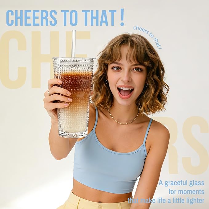 SoulTimes 20oz Hobnail Glass Tumbler with Bamboo Lids and Straws - Iced Coffee Glass Cups for Smoothie, Matcha, Juice, Water etc. Leakproof and Reusable Glassware Drinking for Travel To Go [4 Pcs]