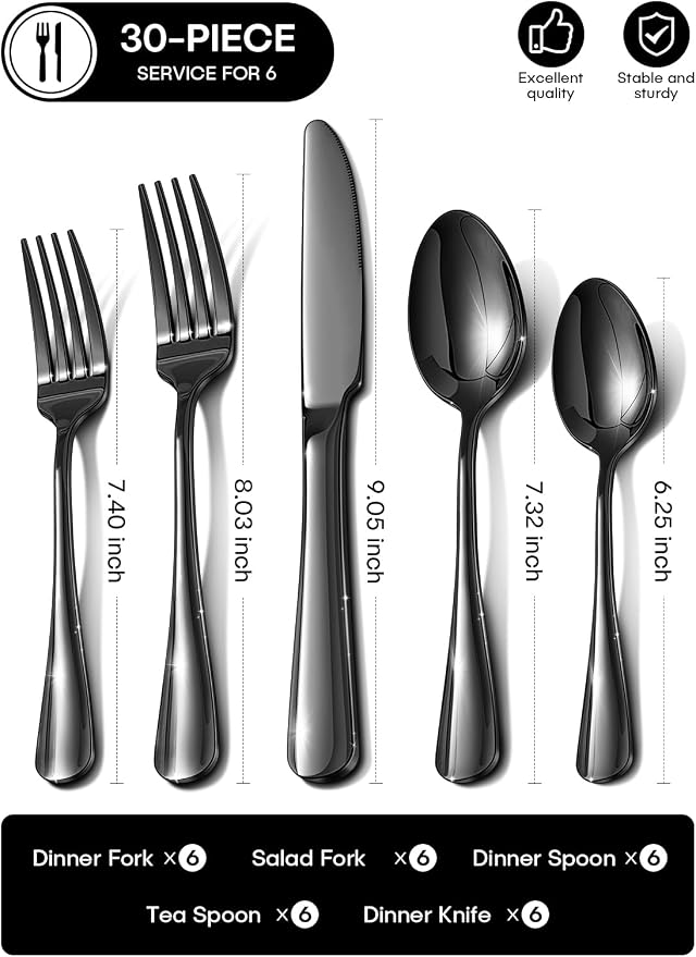 30 Piece Black Silverware Set, Ollex Flatware Set for 6 Food-Grade Stainless Steel Cutlery Utensils Include Spoon Knife Fork Mirror Polished for Home, Party, Wedding, Dishwasher Safe