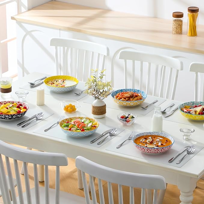 vancasso 8.5" Pasta Bowls Set of 6, 40 oz Porcelain Shallow Salad Bowls, Serving Bowls Large Kitchen Bowl Plates Pasta Dishes Plates, Colorful Floral Design, Microwave Safe, Series SELENE