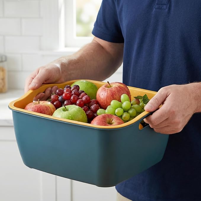 2 Pack 9 & 8 Quart Large Kitchen Strainer Colander Bowl Set, Double-Layer Plastic Fruits Vegetable Washing Basket, Drain Bowls for Cleaning Washing Mixing, Detachable (Blue, Orange)