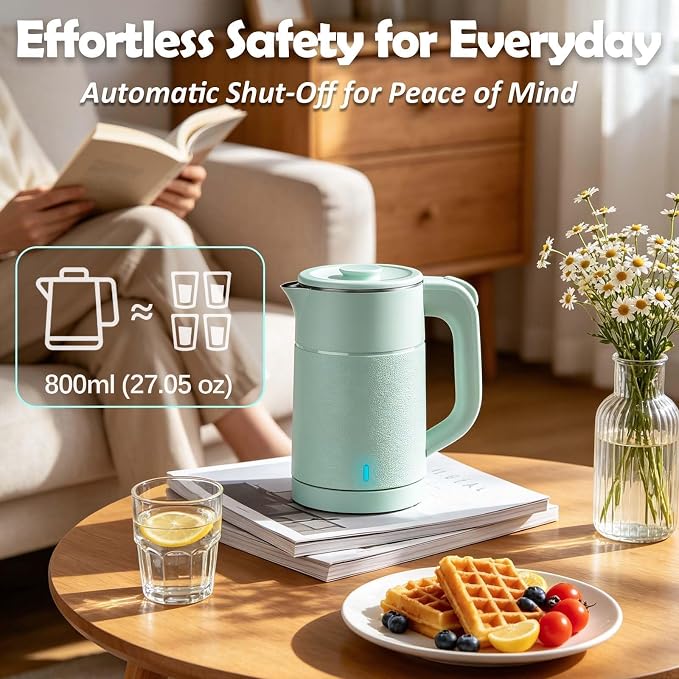 Small Electric Kettle 0.8L, 600W, 304 Stainless Steel Inner, Green | Auto Shut-Off, Boil Dry Protection, BPA-Free, Fast Water Heater for Dorm Office Travel