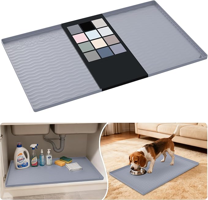 URMONA Waterproof Silicone Under Sink Mat 31'' x 19'' Shelf Liner for Kitchen and Bathroom, Cabinet and Counter Protector, Storage and Organizers, Litter Mat, Pet Cat Puppy Essentials(Light Grey)