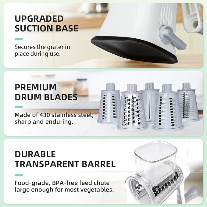 Rotary Cheese Grater Hand Crank with Reinforced Suction & 5 Blade | Strong Suction Base Stays Firm, 5 Interchangeable Blades, Great for Vegetables & Nuts, Mandoline Slicer for Kitchen, White