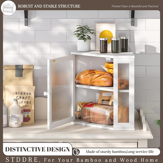 STDDRE Corner Bread Box Kitchen Countertop Extra Large Capacity Farmhouse Bread Box, Corner Countertop Storage, Double Layer Bread Holder (White, Large)