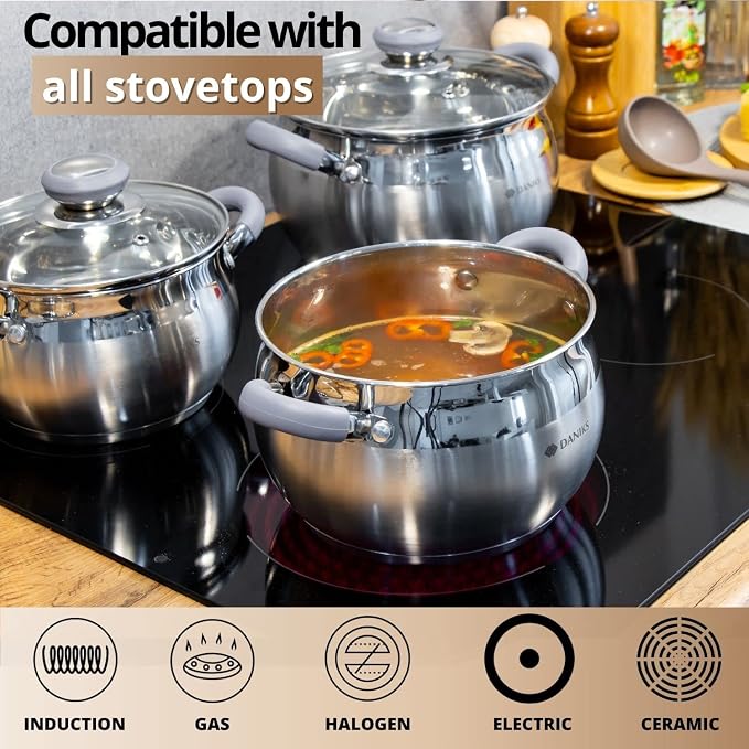 Daniks Modern 4 Quart Stainless Steel Stock Pot with Glass Lid, Tri-Ply Bottom for Even Heating, Induction Compatible, Dishwasher Safe, Heatproof Handles