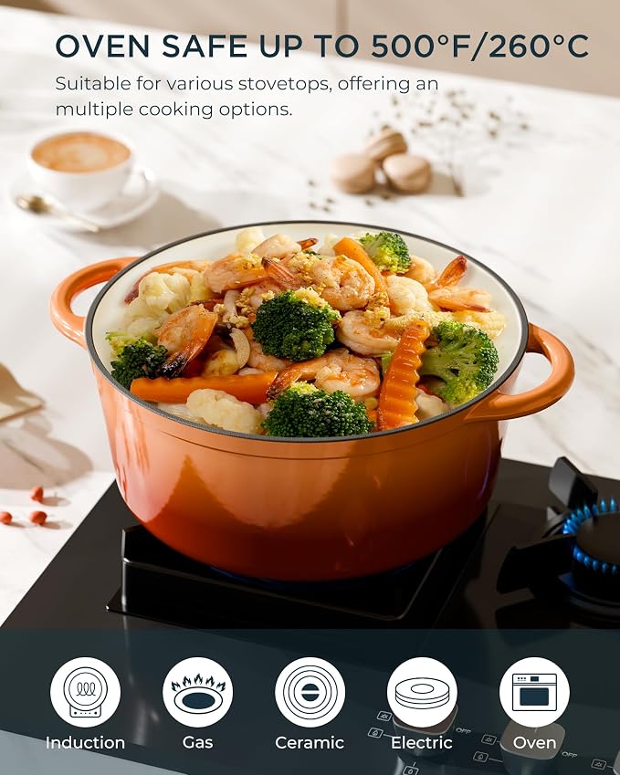 Enameled Cast Iron Dutch Oven - 6QT Dutch Oven Pot with Lid & Cotton Potholders - Heavy-Duty Non Stick Casserole Pot for Braising, Stews, Roasting, Baking, Suitable for All Stovetops, Vibrant Orange