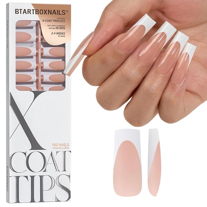 BTArtboxnails XCOATTIPS White French Tip Press On Nails, XL Square, Peach | Lamp-Curable, 4-Week Wear, Natural Nail Look, Salon Quality Value at Home, Easy-to-Apply for Beginners, 160ct Nail Tips Only