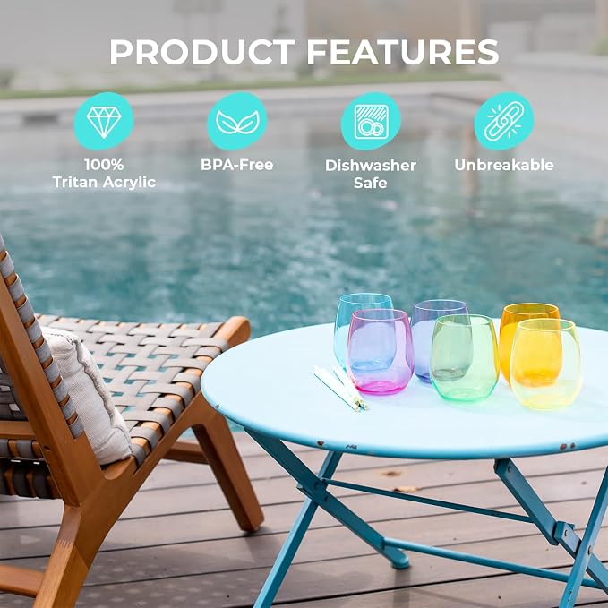 Stemless Wine Glasses Set of 6, 16oz Unbreakable Acrylic Plastic Wine Cups | Reusable Shatterproof Colored Wine Tumblers, Dishwasher Safe BPA Free Drinkware for Outdoor, Pool, Patio, Camping, Party