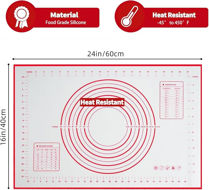 ANIS·KEBBR 24x16 Non-Stick Reusable Silicone Baking Mat With Measurements