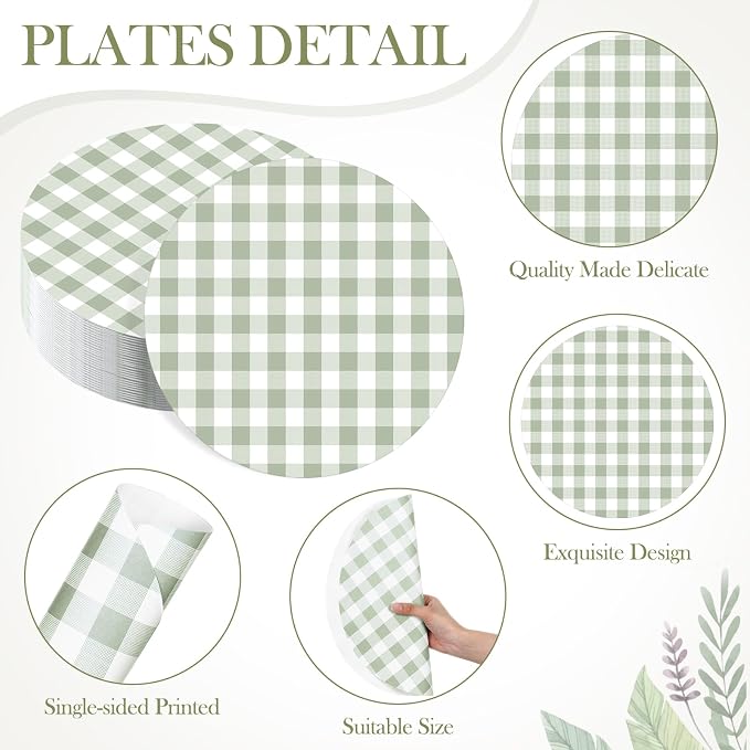 Funnymoom 60 Pcs Green and White Gingham Disposable Paper Placemats Round Table Place Mat Summer Checkered Decorative Paper for Baby Shower Wedding Birthday Party Dinner Table Decor