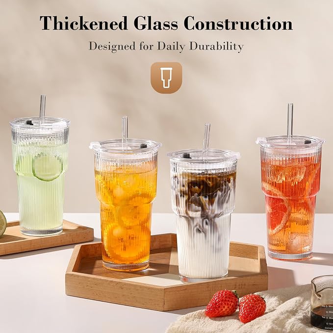 20oz Iced Coffee Cups with Lids, Ribbed Glass Cups with Lids and Straws | Thick Reusable Glass, Leak-Resistant Lids, Fits Most Car Cup Holders, For Iced Coffee, Tea, Smoothies and Cold Drinks