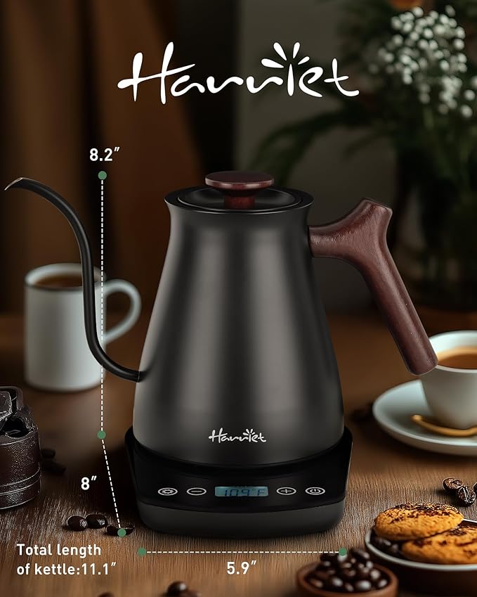 Harriet Gooseneck Electric Kettle, 0.8L, 1°F Control, Brew Timer | 120-Min Keep Warm, 104–203°F Control, Built-In Brew Timer, SUS304 Stainless Steel, Wood-Accent Handle for Pour-Over Coffee
