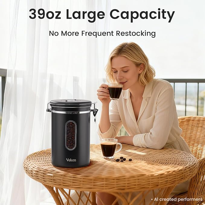 Veken Coffee Canister with Window, 39OZ Large Airtight Stainless Steel Jars | Kitchen Food Storage Pantry Container for 2.2lbs Beans,Ground,Espresso,Rice,Tea,Sugar,Bar Accessories,Gifts,Lids, Scoop,Black